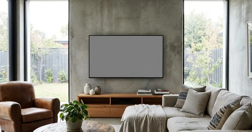 sala de estar moderna com televisão grande na parede exibindo tela lisa