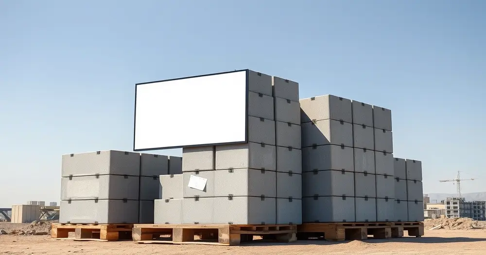 Palete de blocos de concreto cinza empilhados em canteiro de obra sob céu limpo