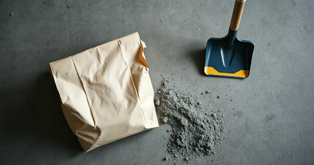 Saco de papel de cimento apoiado em piso de concreto ao lado de uma pá