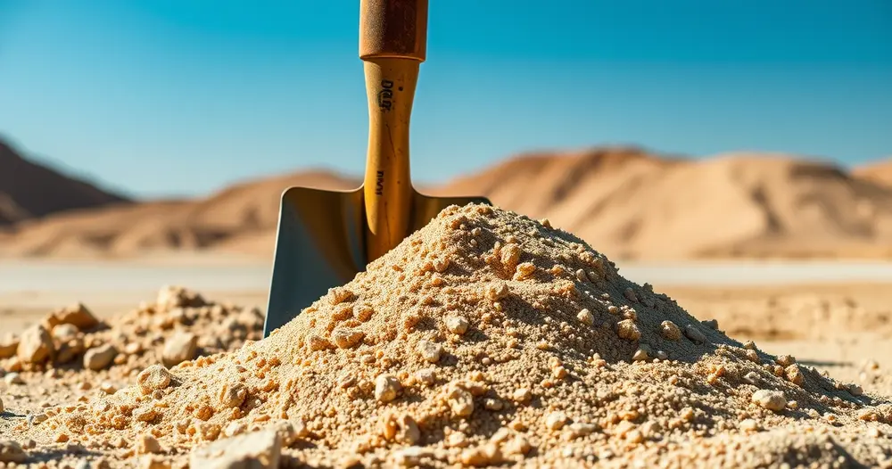 Monte de areia fina no chão de canteiro de obras ao lado de uma pá, sob luz do dia