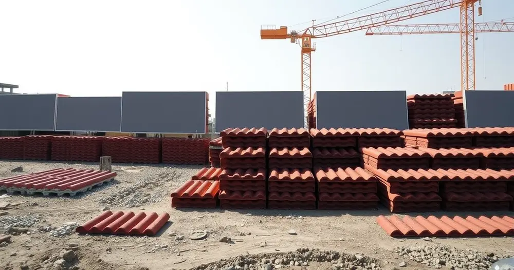 Pilhas de telhas cerâmicas vermelhas dispostas no chão de um canteiro de obras