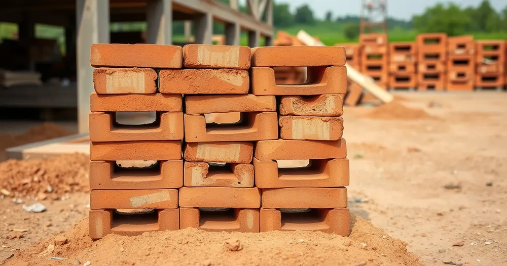 Pilha organizada de tijolos cerâmicos furados sobre o chão de um canteiro de obras