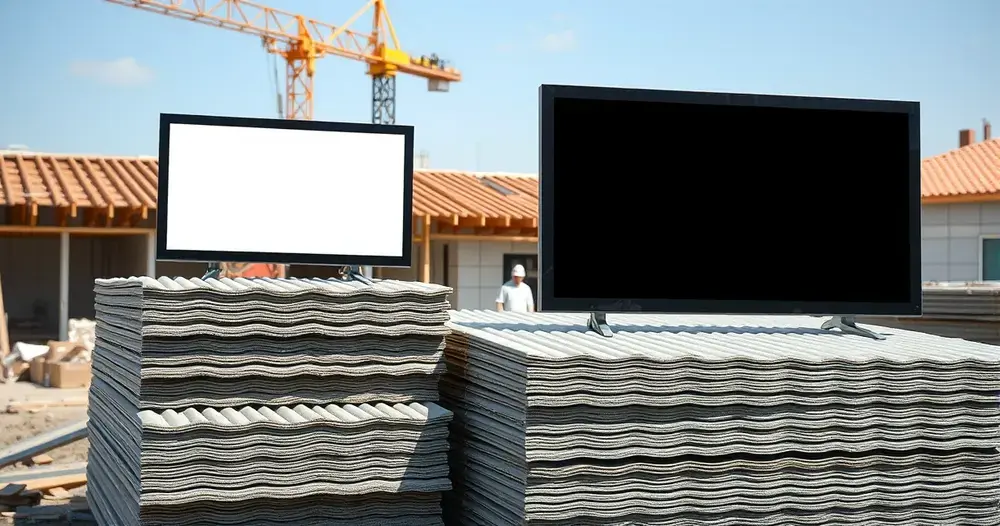 Telhas onduladas de fibrocimento empilhadas ao ar livre em canteiro de obras