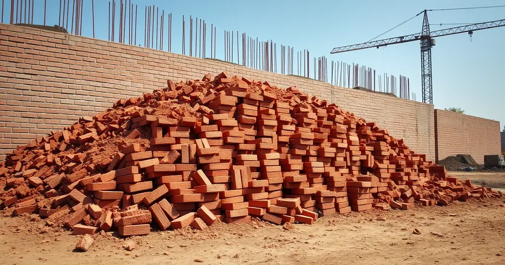 Grande pilha de tijolos vermelhos em terreno aberto ao lado de parede em construção