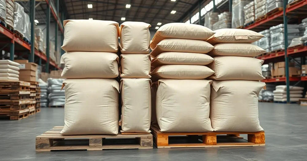 Sacos de cimento de papel empilhados sobre palete de madeira dentro de depósito de materiais